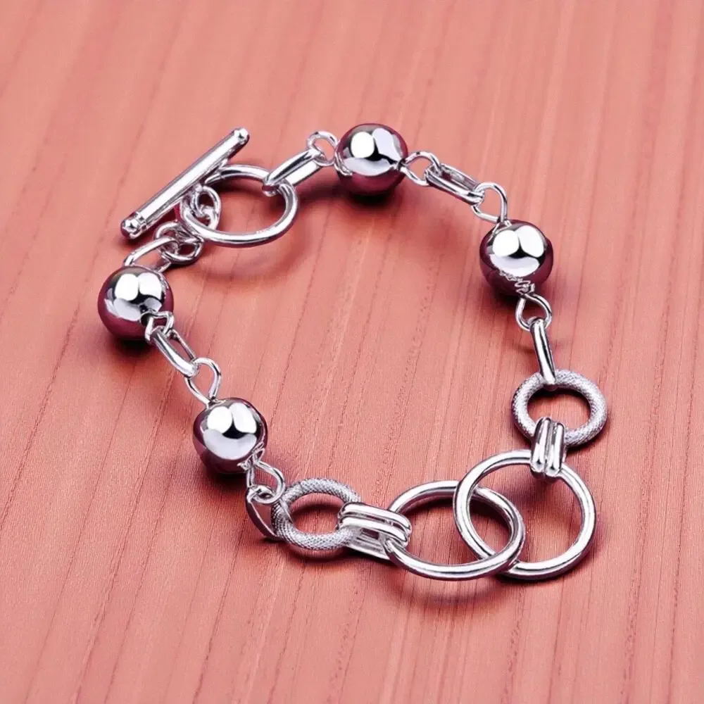 Bracelet Retro bead circle chain 925 Sterling Silver color 20CM for Women - Picture 3 of 7